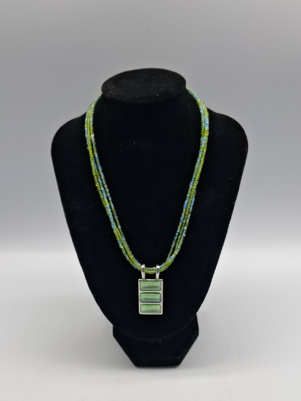 Lia Sophia "Jasmine" Green Fiber Optic Silver Tone Pendant Seed Bead Necklace